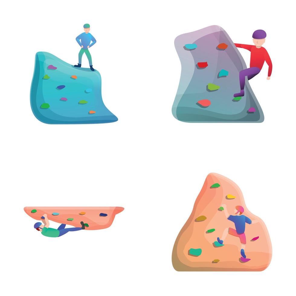 Sport climbing icons set cartoon . Climber moving up an artificial wall vector