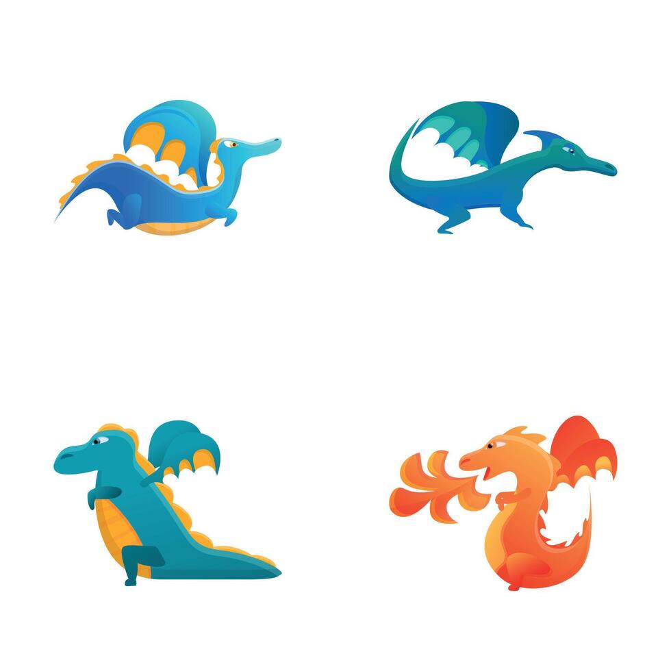 Cute dragon icons set cartoon . Colorful little dragon vector