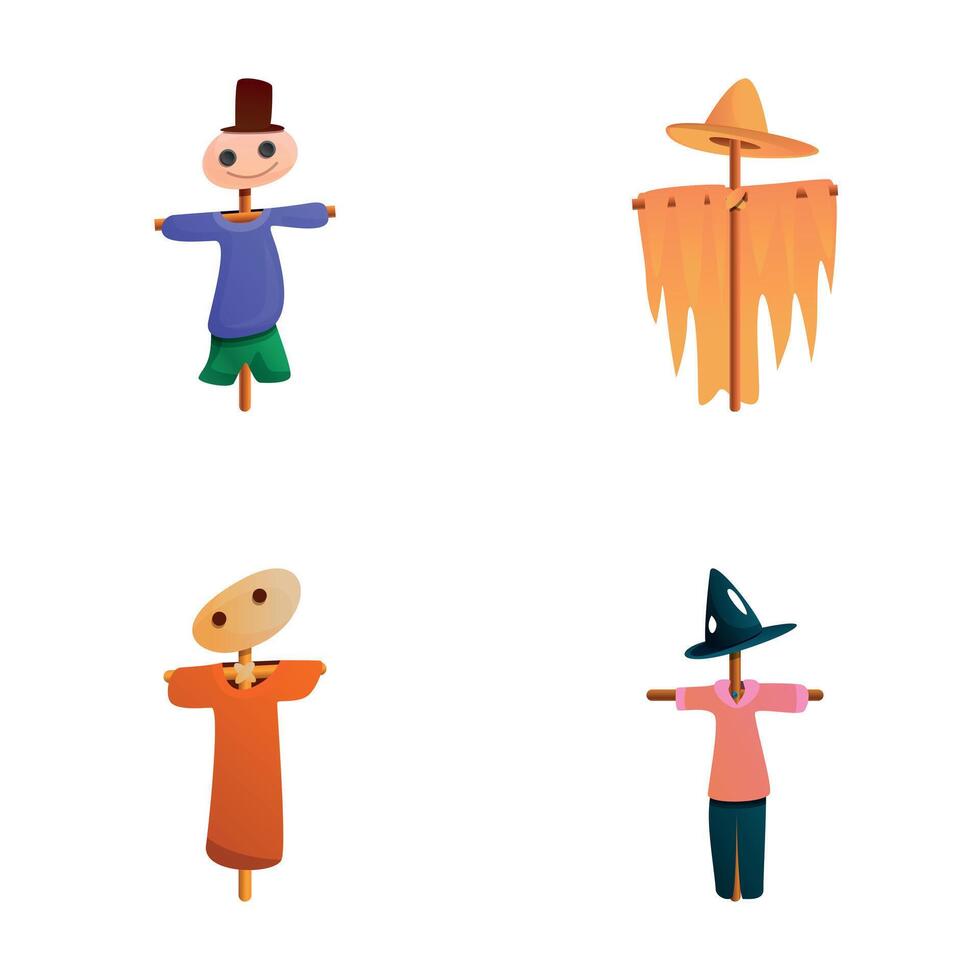 Cartoon scarecrow icons set cartoon . Funny bird scarecrow vector