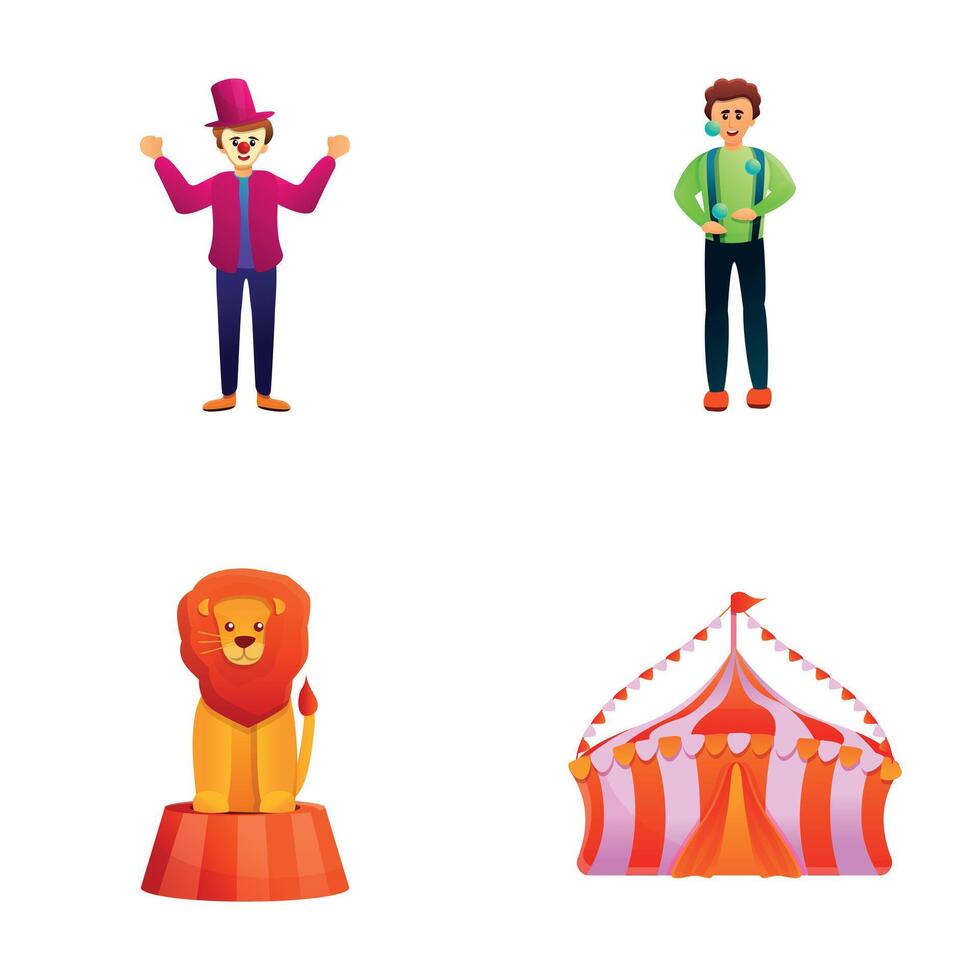 Circus show icons set cartoon . Juggler clown trained lion and circus tent vector