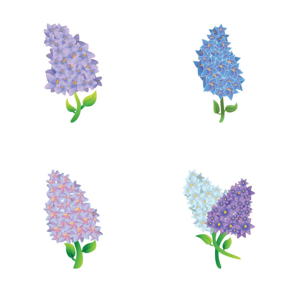 Lilac flower icons set cartoon . Various blooming lilac branch vector