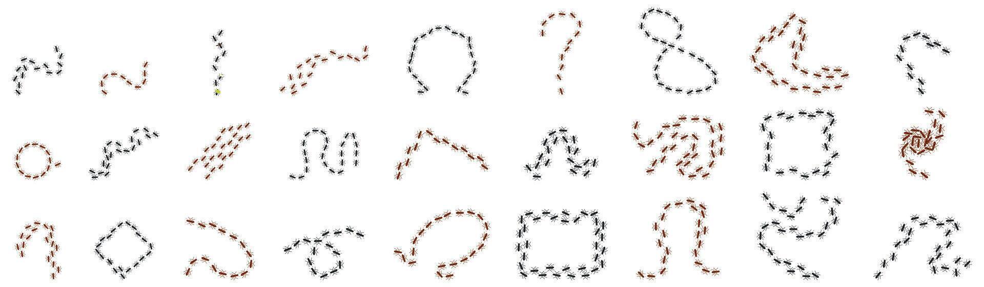 Ant trail icons set. Ants creating different shapes by walking in a row vector