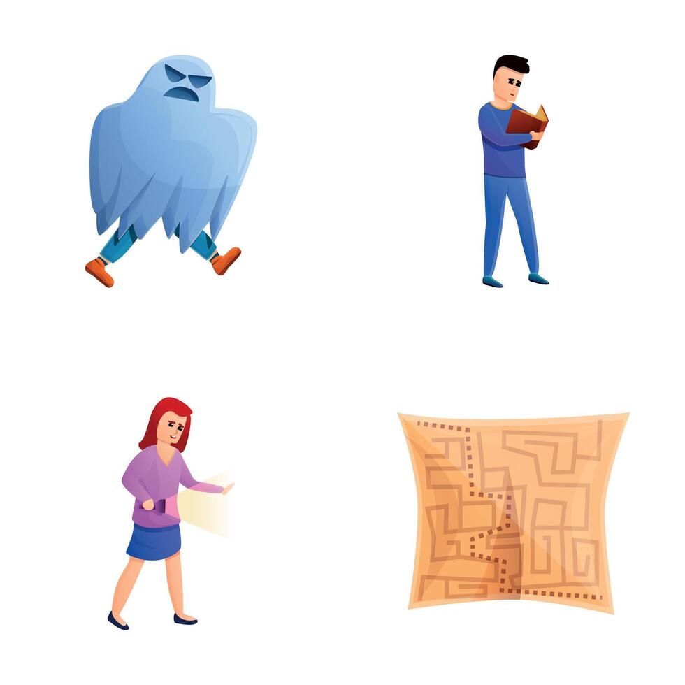 Quest game icons set cartoon . Quest participant with game accessory vector