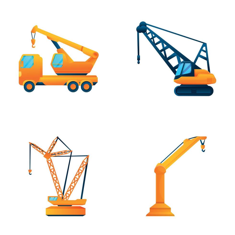 Industrial crane icons set cartoon . Different type of crane vector
