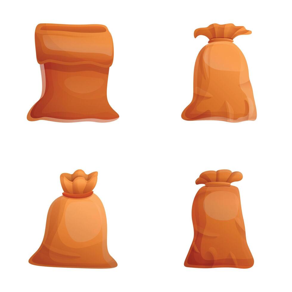 Grain bag icons set cartoon . Cereal and grain in fabric bag vector