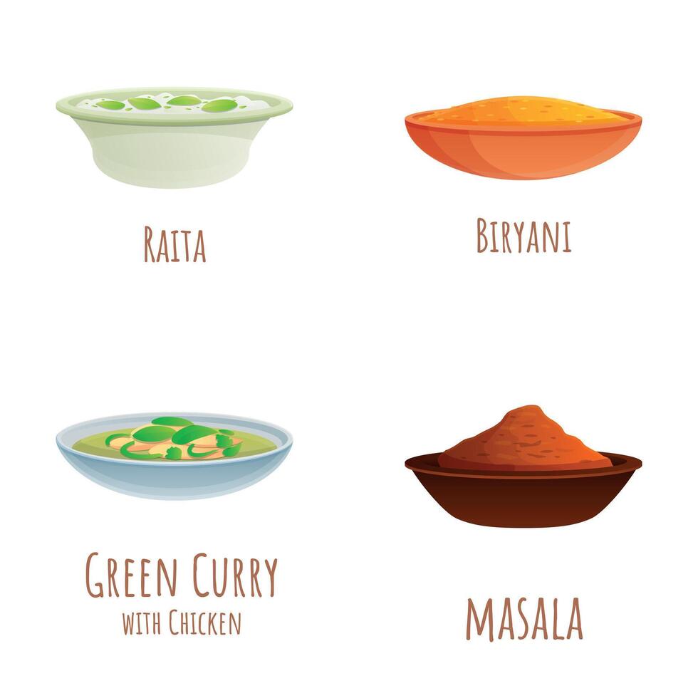 Indian meal icons set cartoon . Traditional indian dish vector