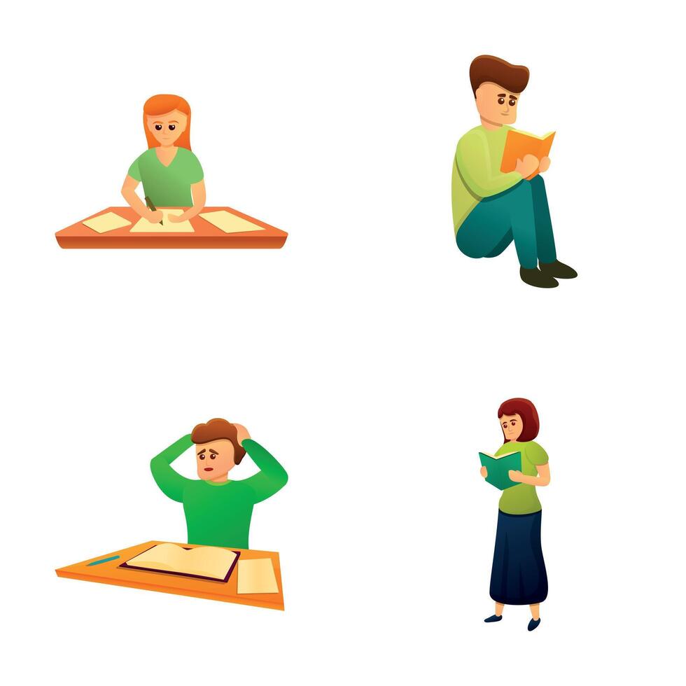 Exam preparation icons set cartoon . Reading and writing people vector