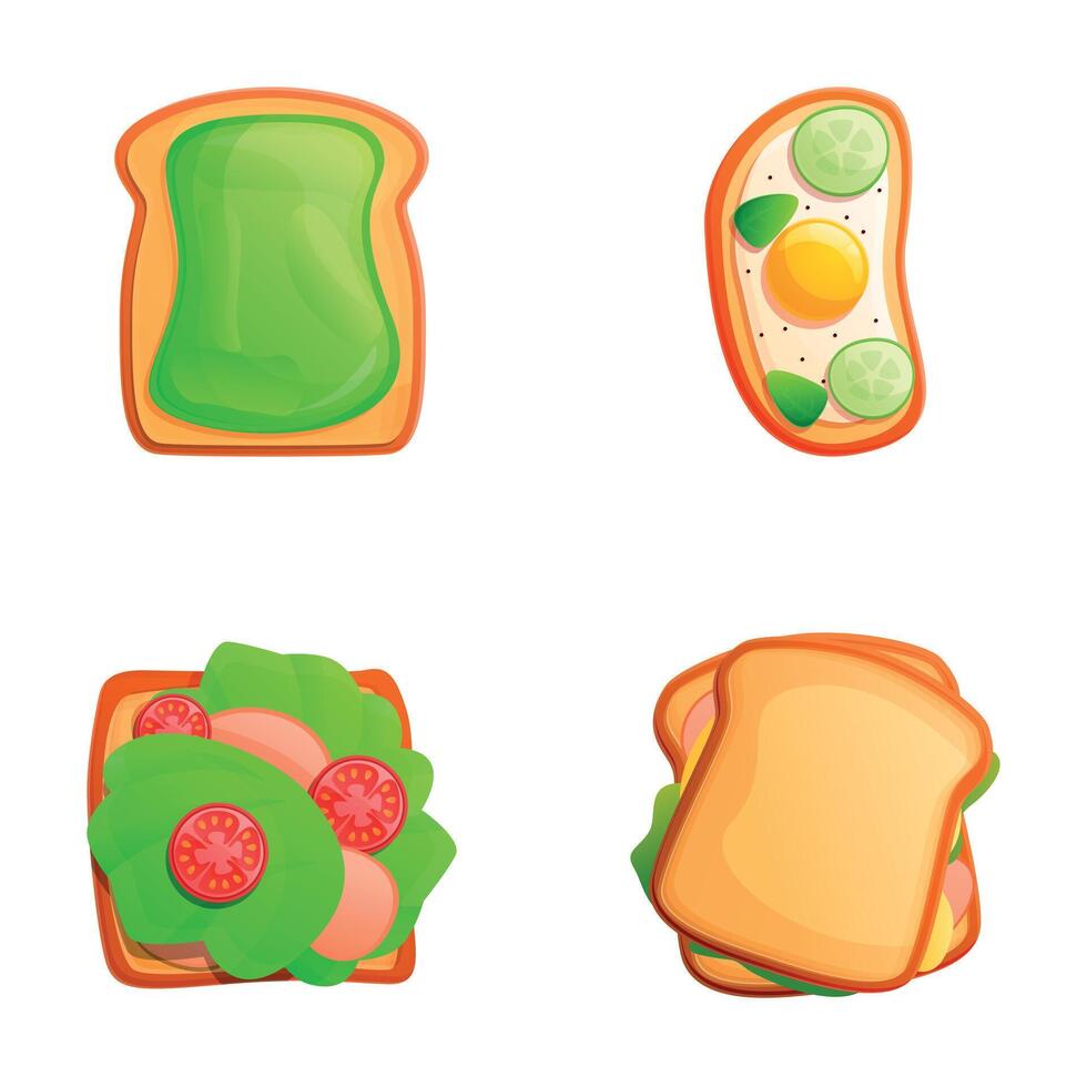 Sandwich icons set cartoon . Toasted bread with avocado and poached egg vector
