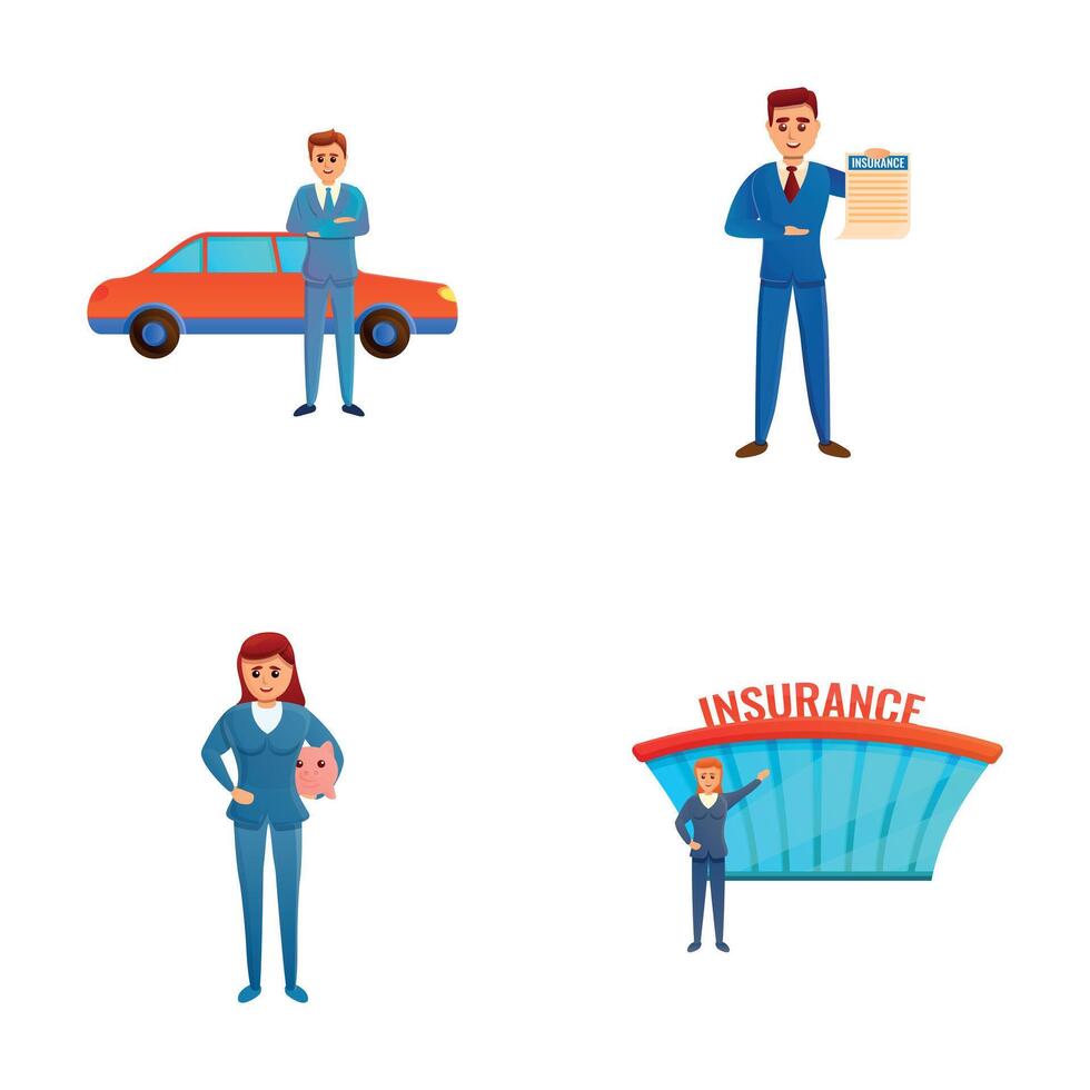 Property insurance icons set cartoon . Man and woman insurance agent vector
