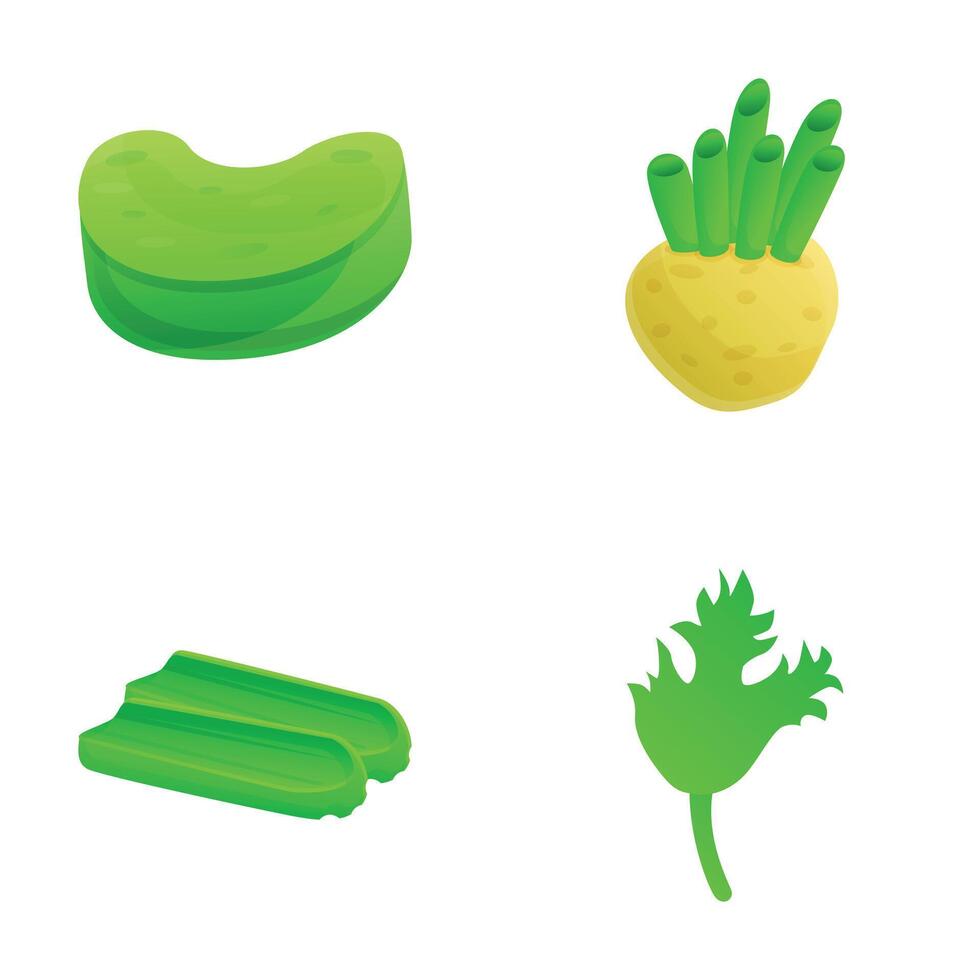 Celery icons set cartoon . Sliced green stem and round root vector