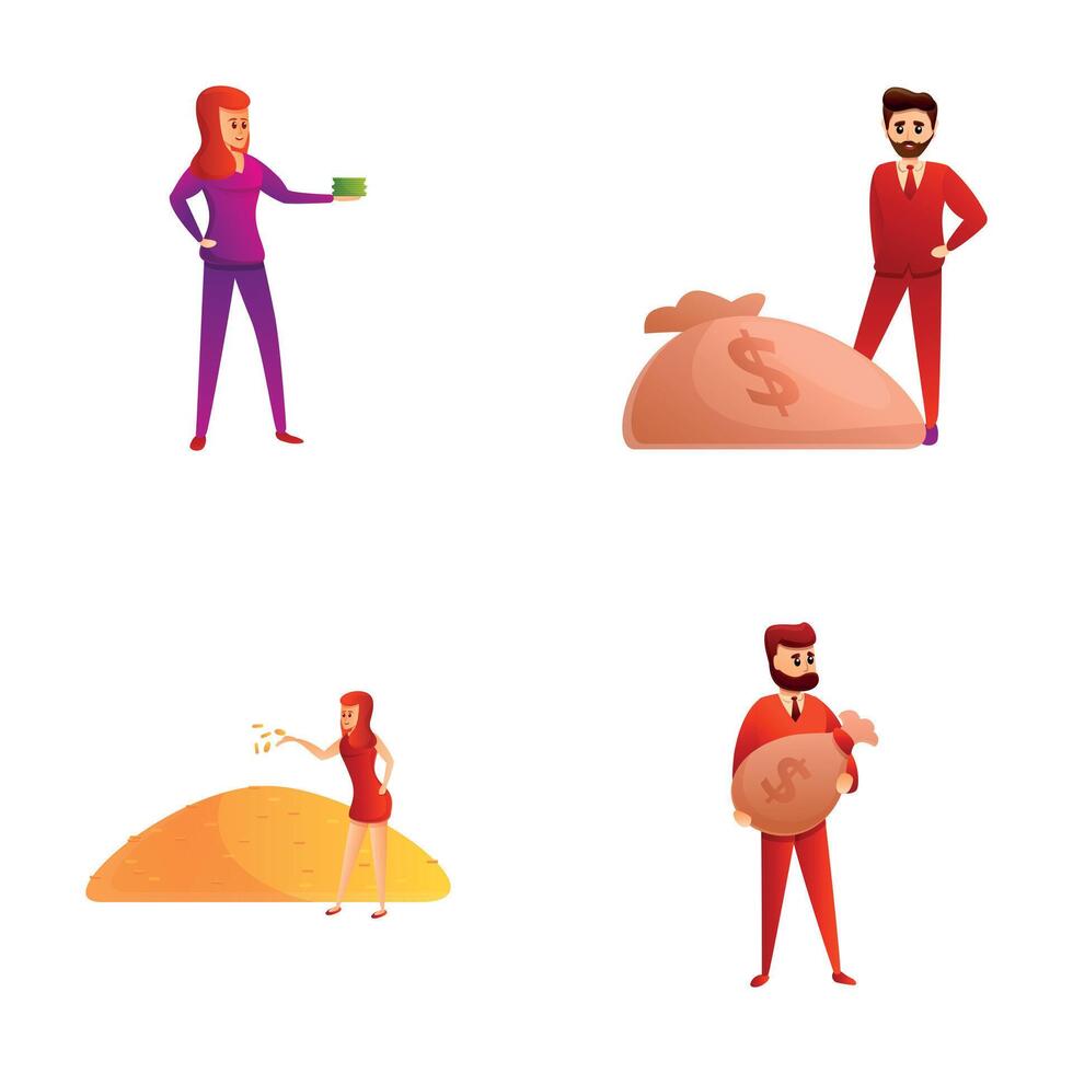 Successful character icons set cartoon . People with money bag and coin vector