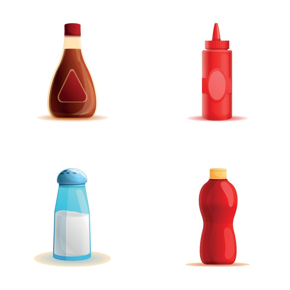 Various seasoning icons set cartoon . Sauce and spice vector