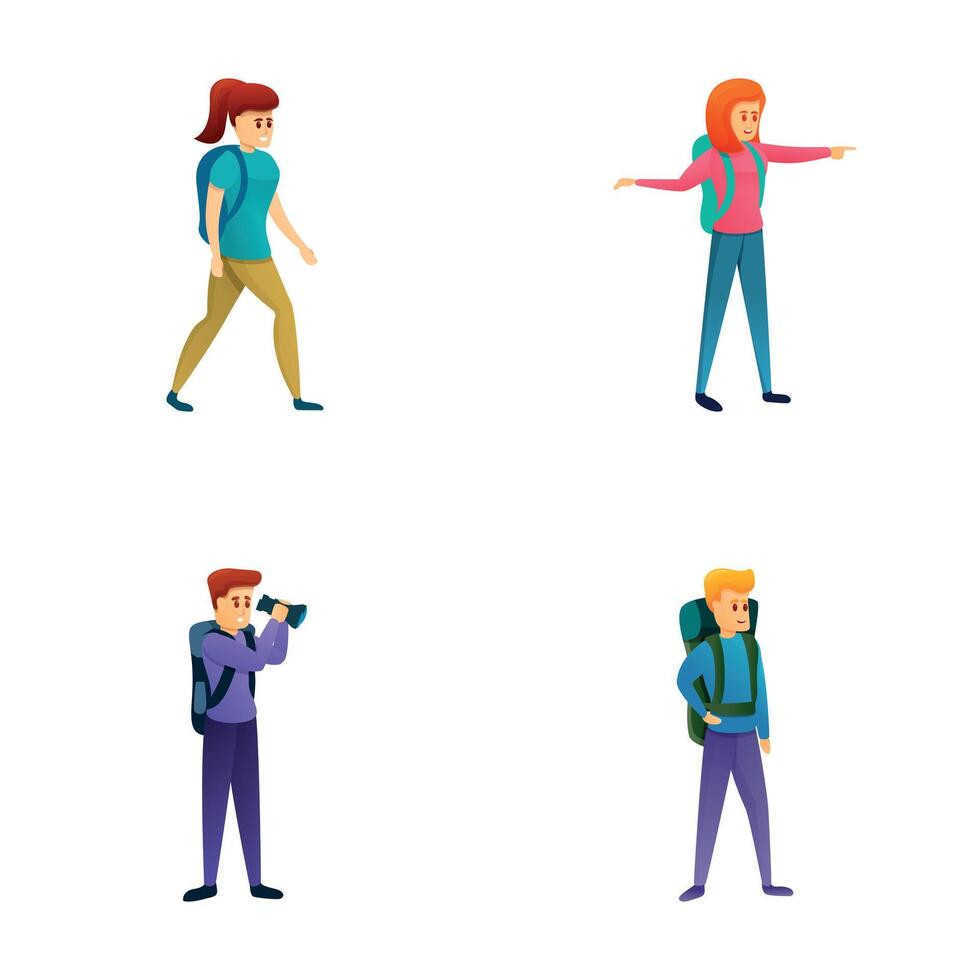 Active recreation icons set cartoon . Tourist with backpack and binocular vector