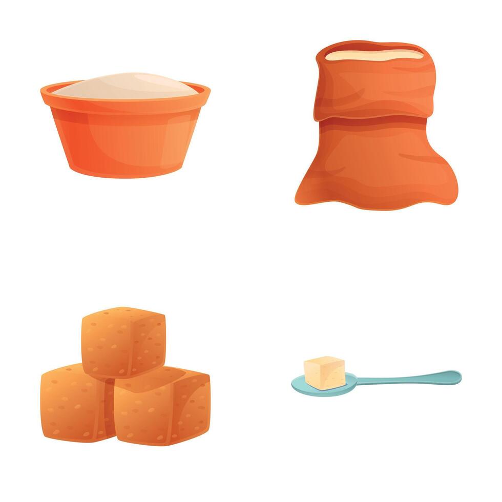 Various sugar icons set cartoon . Granulated and crystalline sugar vector