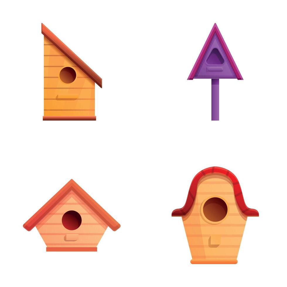 Crafted birdhouse icons set cartoon . Various wooden birdhouse vector