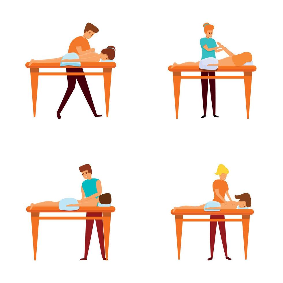 Massaging icons set cartoon . Masseur therapist doing healing treatment vector