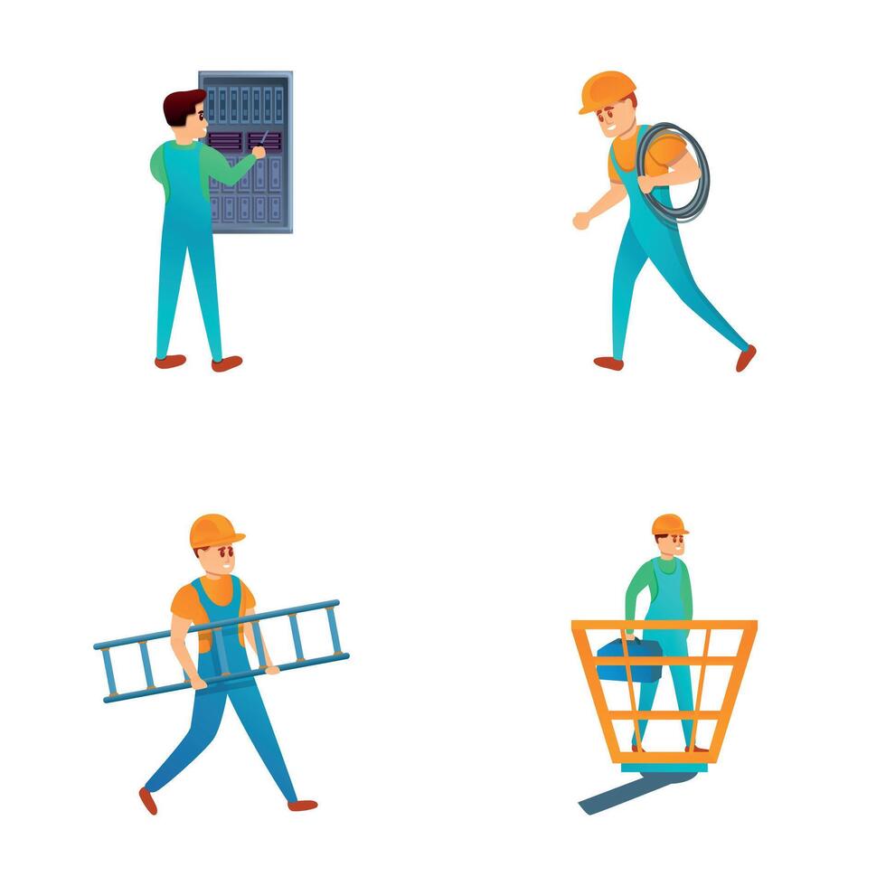 Electrician repairman icons set cartoon . Electrician man with equipment vector