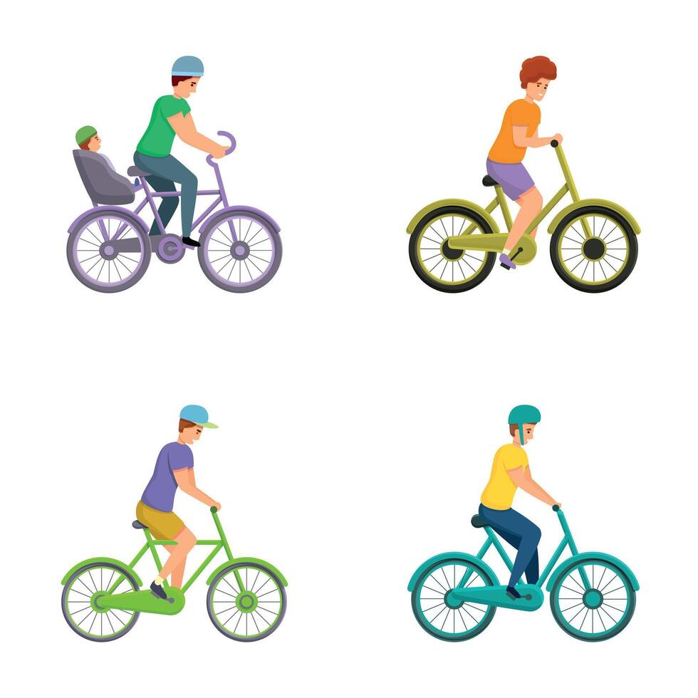 Cyclist people icons set cartoon . Man woman and child on bicycle vector