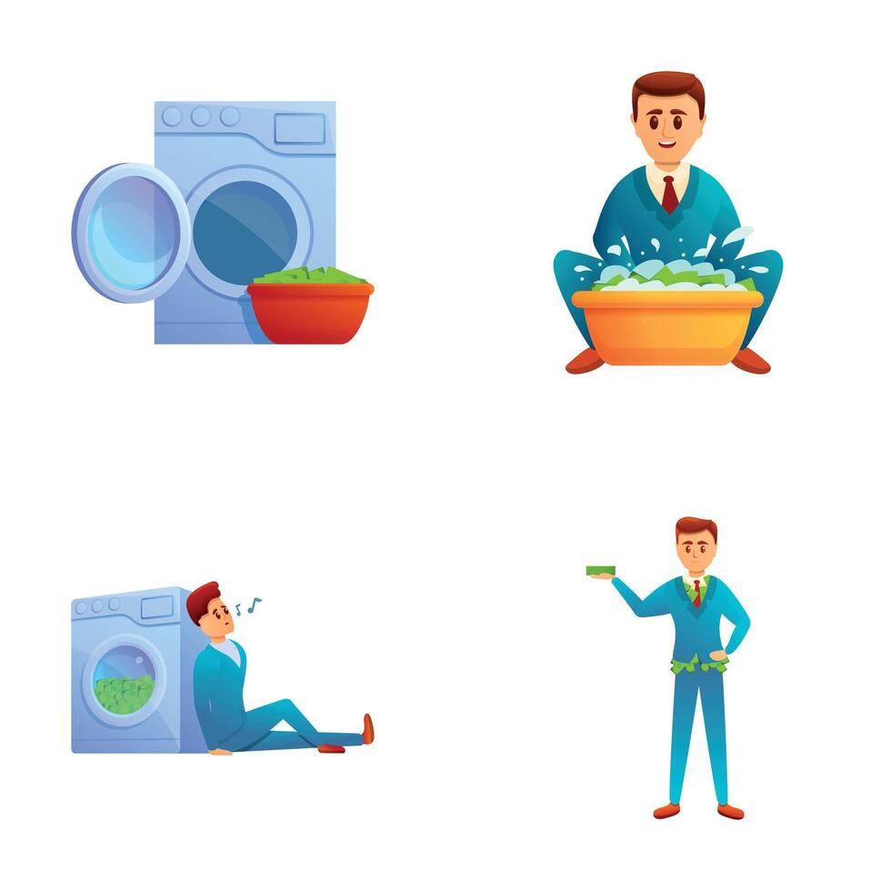 Financial machination icons set cartoon . Laundering of money in washer vector