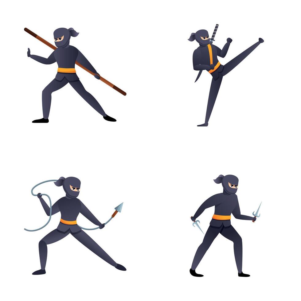 Japanese ninja icons set cartoon . Ninja character in fighting pose vector