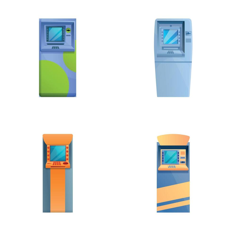 Modern atm icons set cartoon . Various cash machine vector