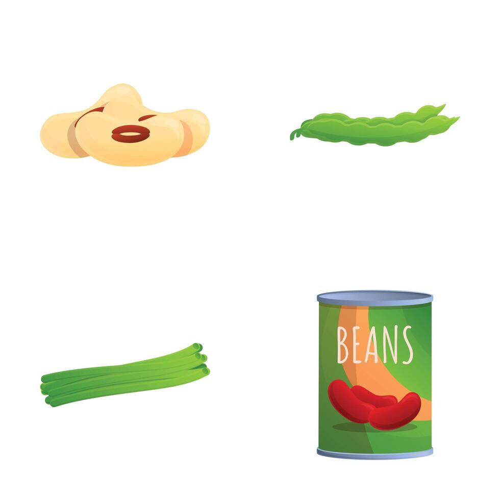 Canned bean icons set cartoon . Bean in pod and tin can vector