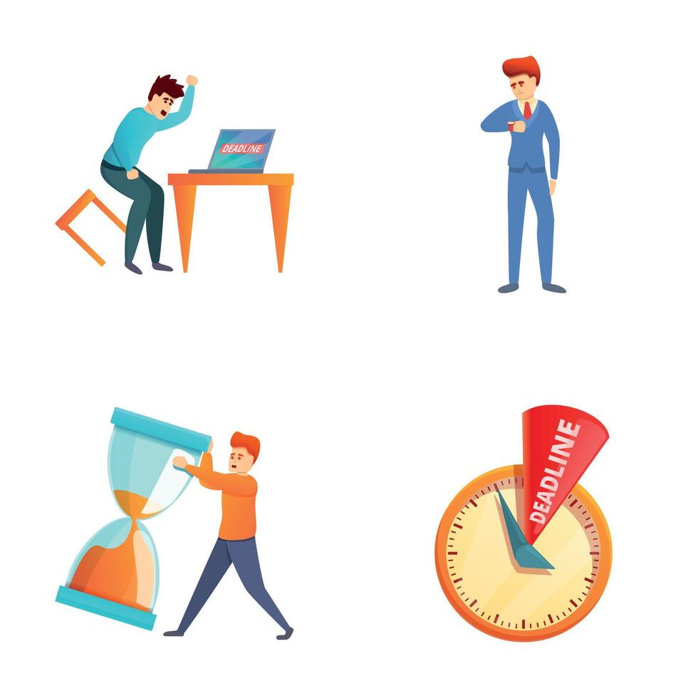 Business deadline icons set cartoon . Stressed employees working overtime vector