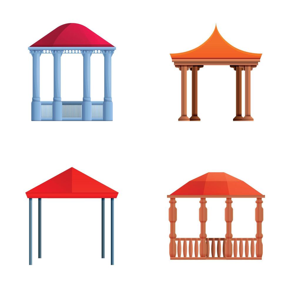 Street gazebo icons set cartoon . Gazebo or pavilion structure vector