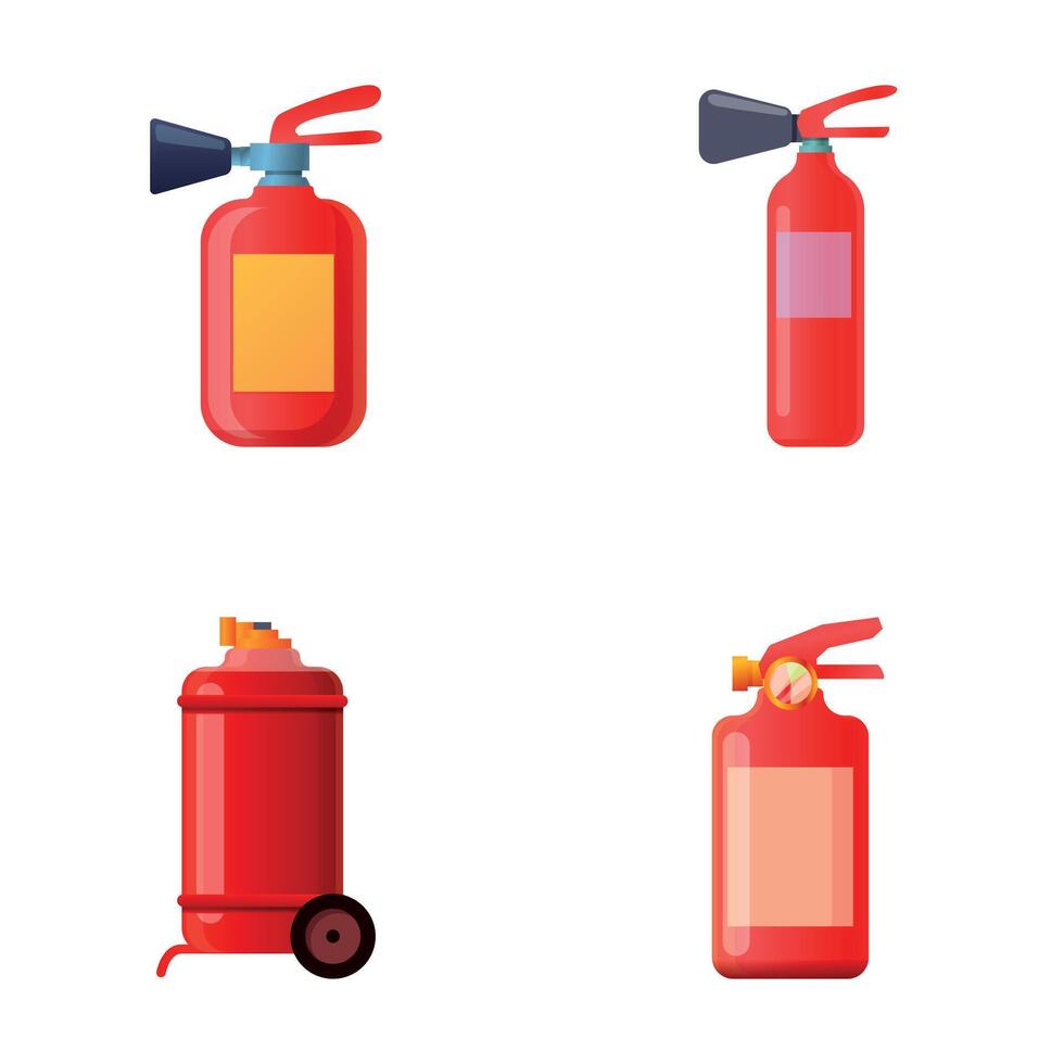 Various extinguisher icons set cartoon . Various red fire extinguisher vector