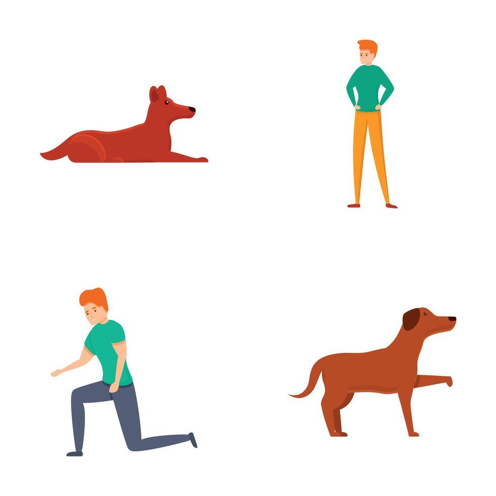 Dog training icons set cartoon . Pet owner teaching command to dog vector