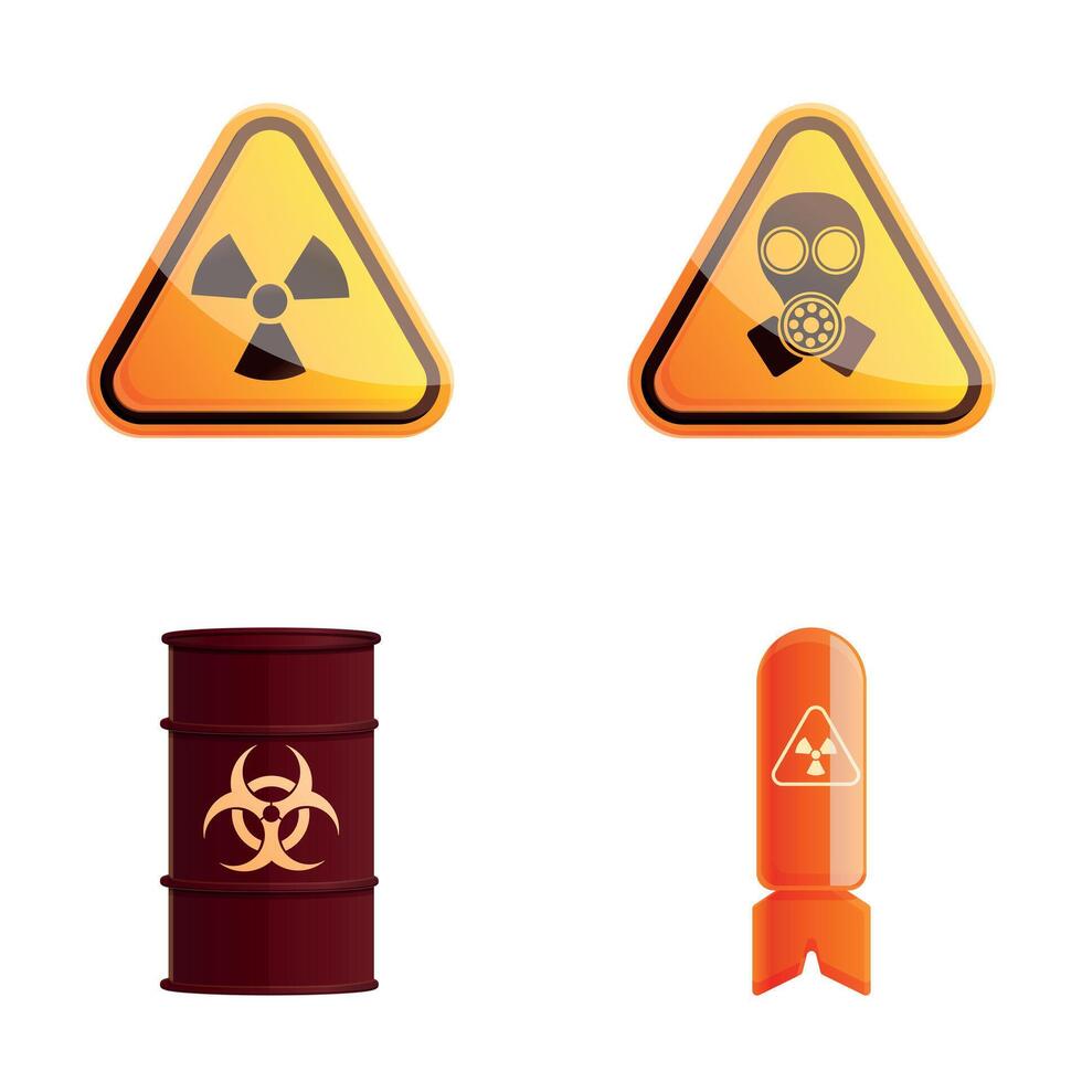 Radioactive pollution icons set cartoon . Warning sign radioactive waste vector