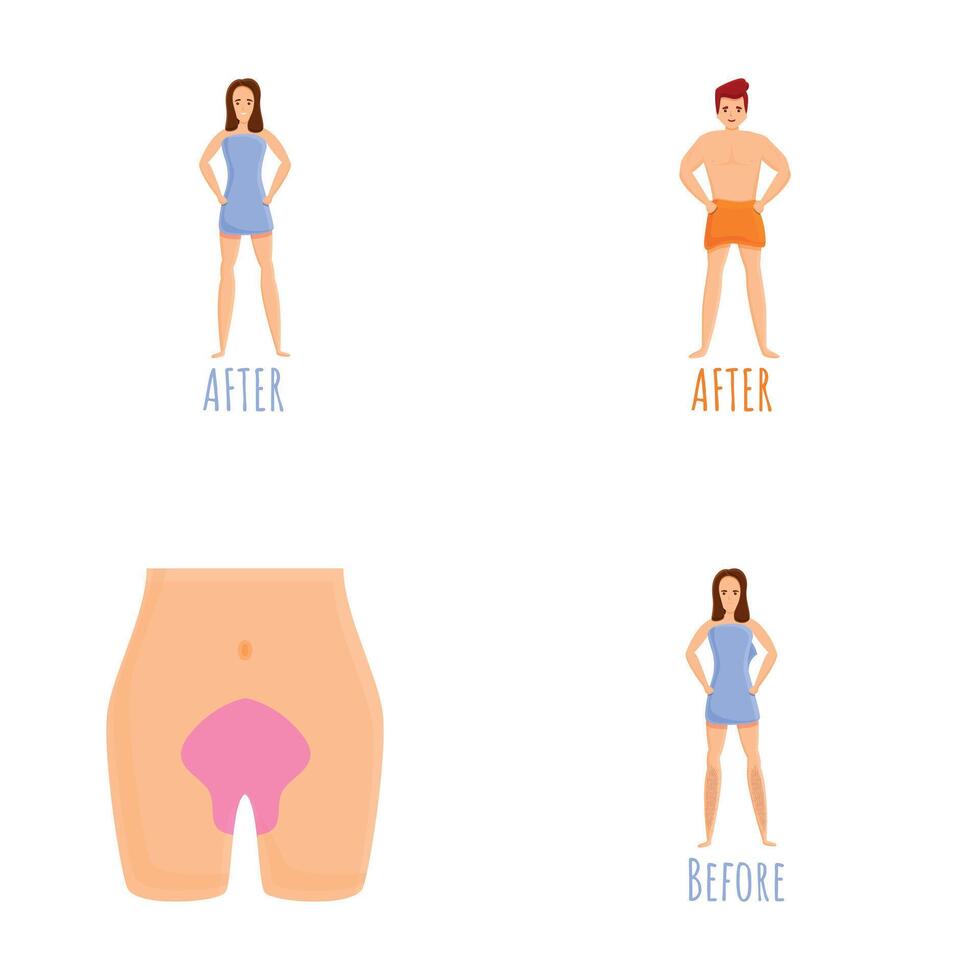 Epilation icons set cartoon . Before and after hair removal procedure vector