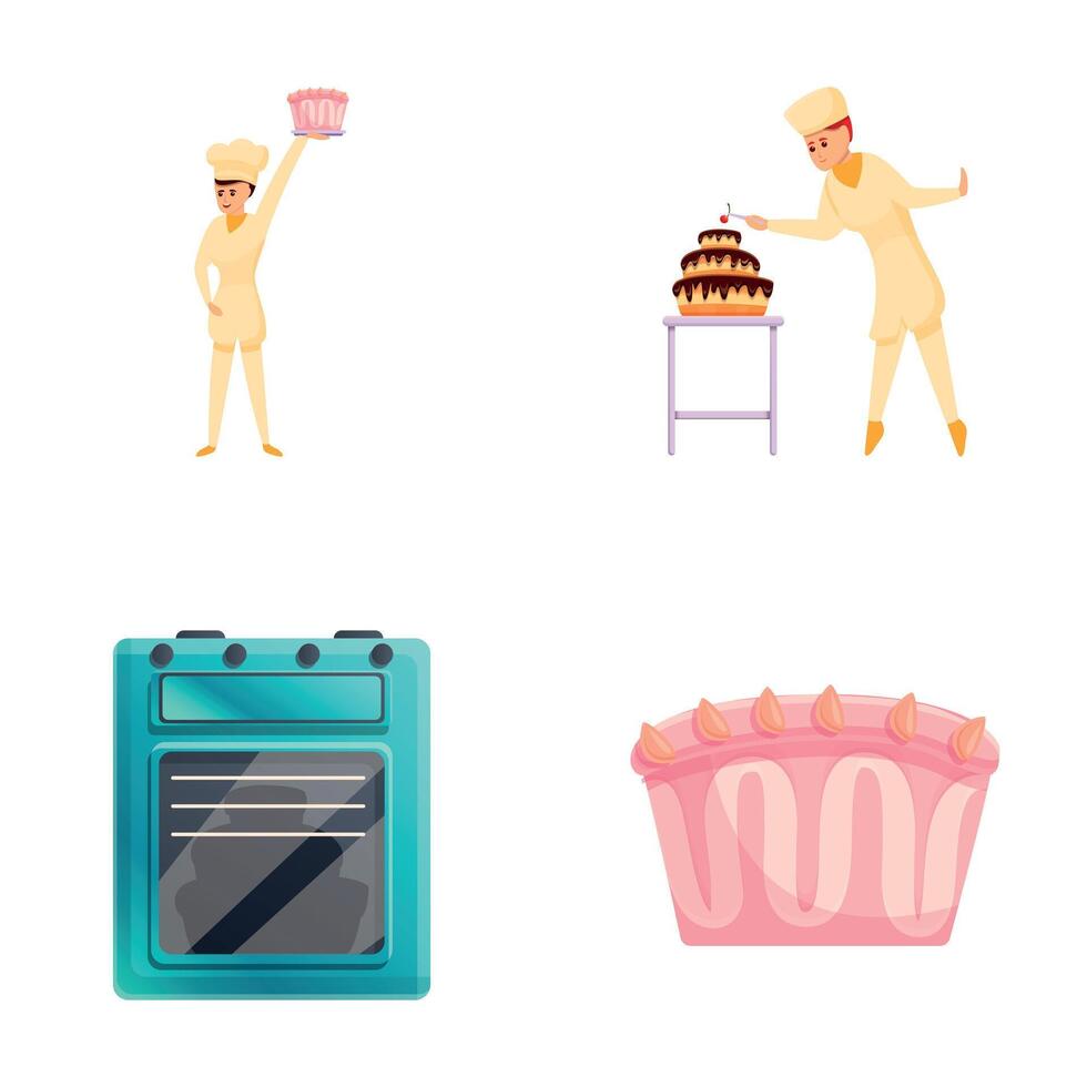 Confectioner character icons set cartoon . Professional pastry making cake vector