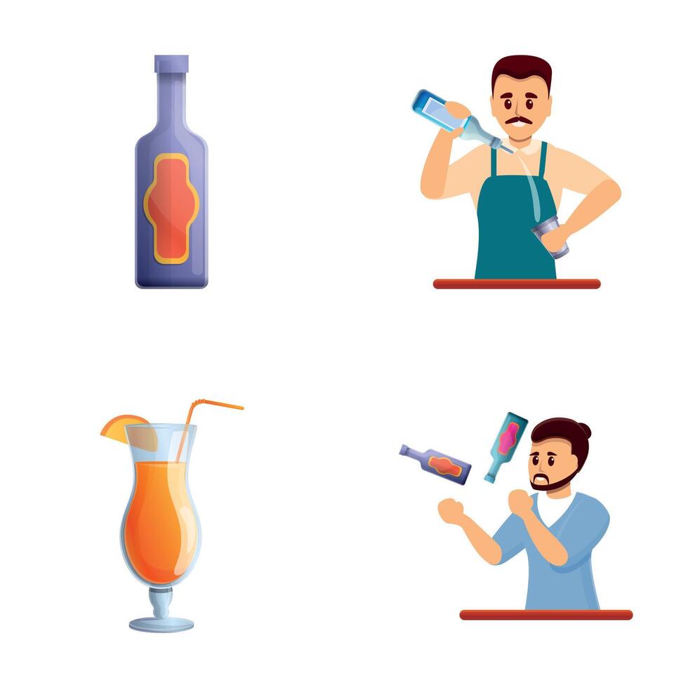 Bartender job icons set cartoon . Man bartender mixing drink vector