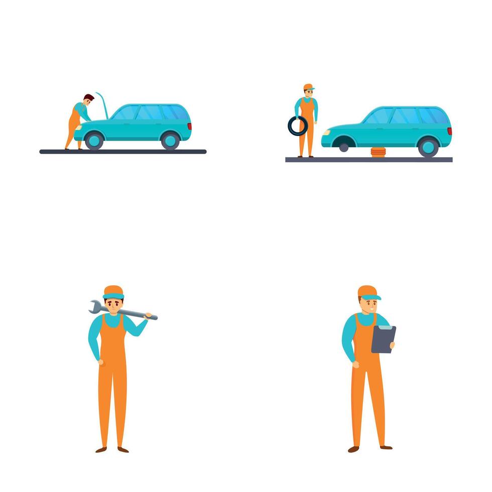 Auto service icons set cartoon . Auto mechanic repairing car vector