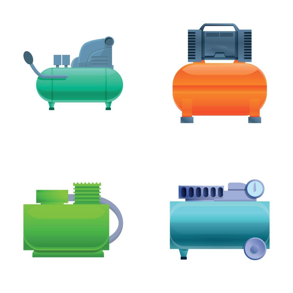 Compressor equipment icons set cartoon . High pressure air compressor vector