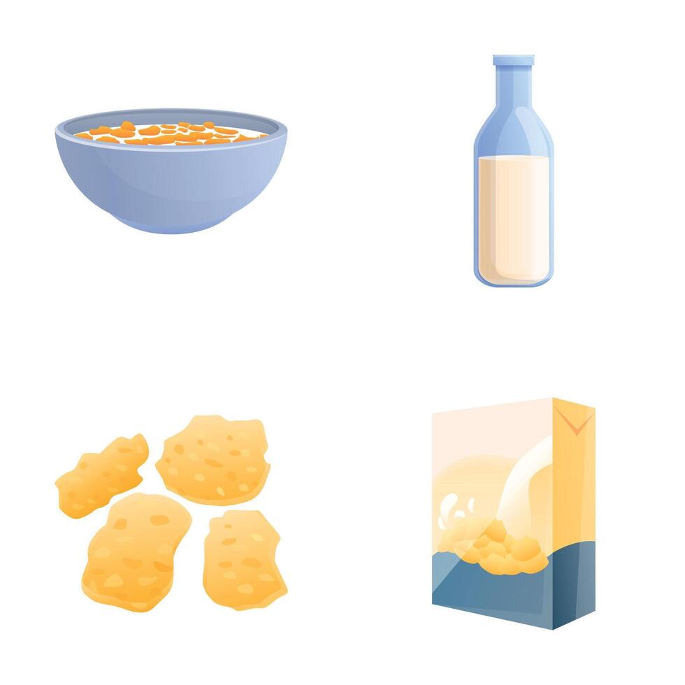 Muesli icons set cartoon . Cereal flakes with milk vector