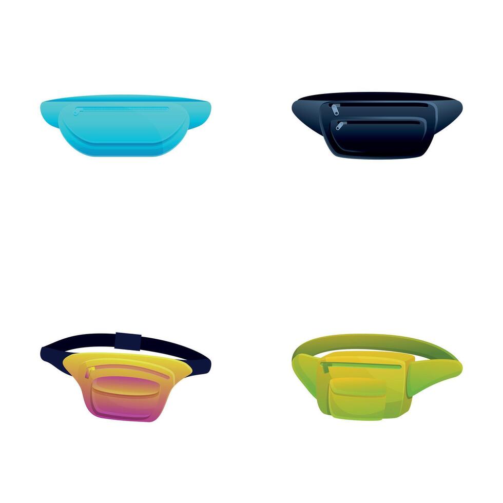 Belt bag icons set cartoon . Waist bag with various pocket vector
