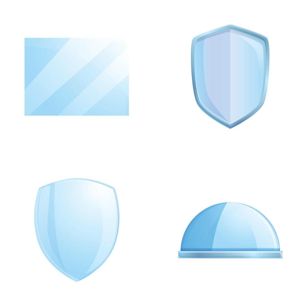 Glass shield icons set cartoon . Transparent shield and dome vector