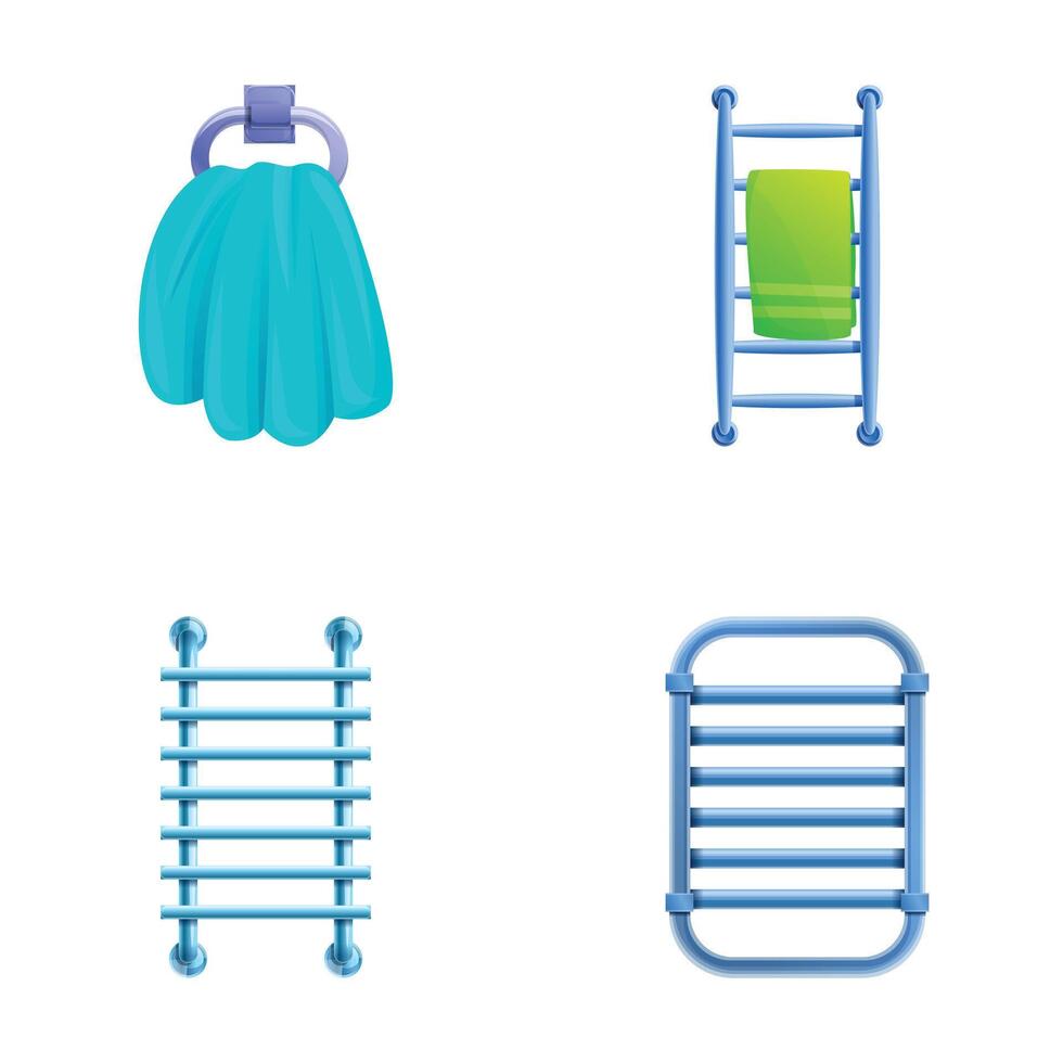 Towel dryer icons set cartoon . Various electric heater towel vector