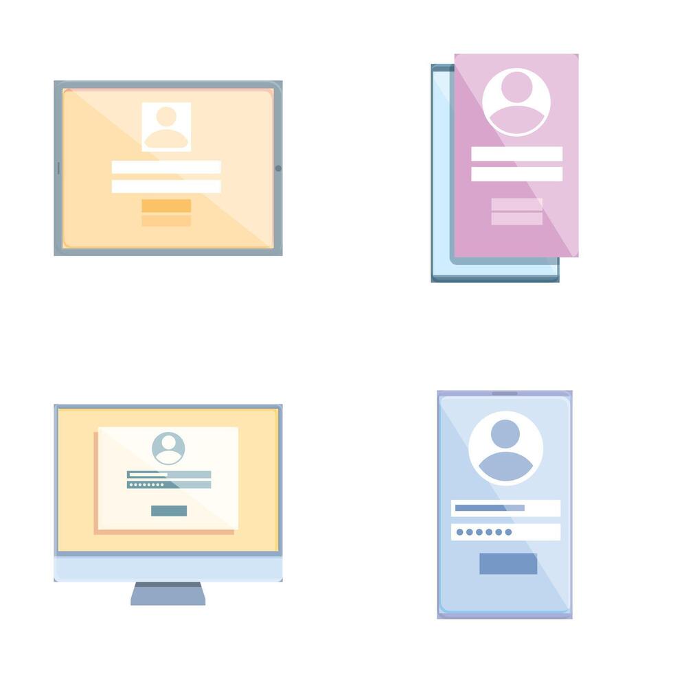 Online registration icons set cartoon . Login form page on device display vector