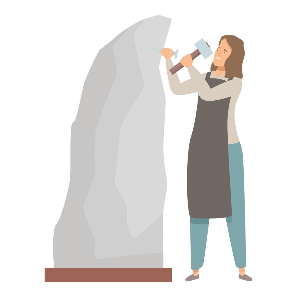 Female sculptor carving stone block with hammer and chisel vector