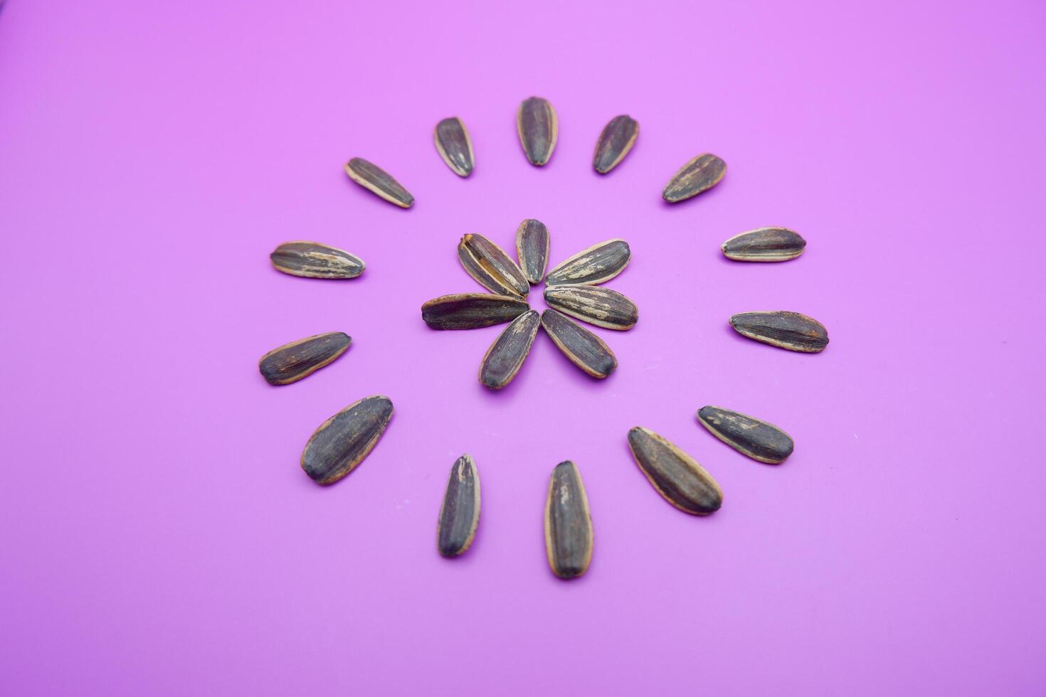 a collection of sunflower seeds isolated on a purple background. Sunflower seeds are used as snacks. photo