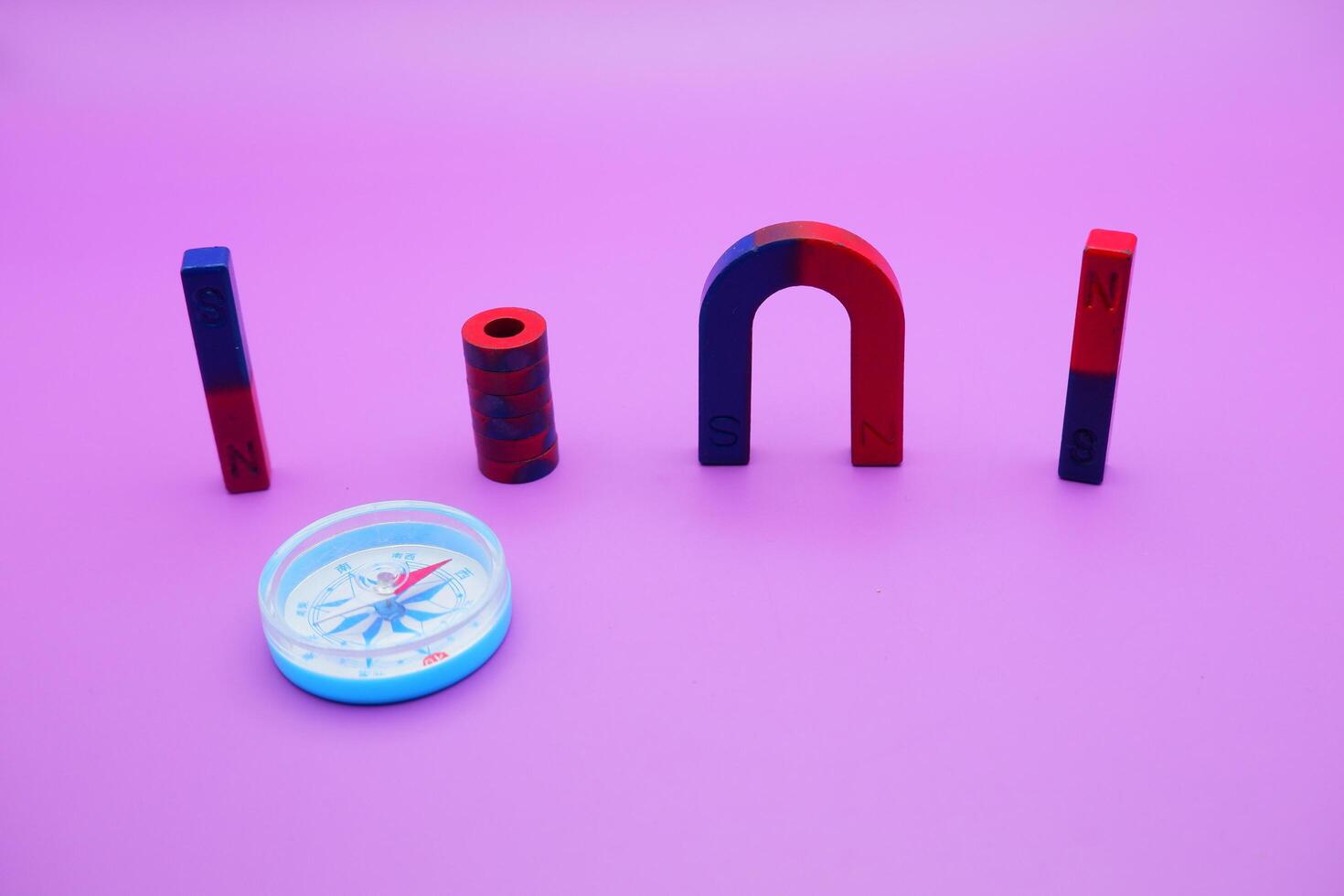 magnet and compass isolated on purple background photo