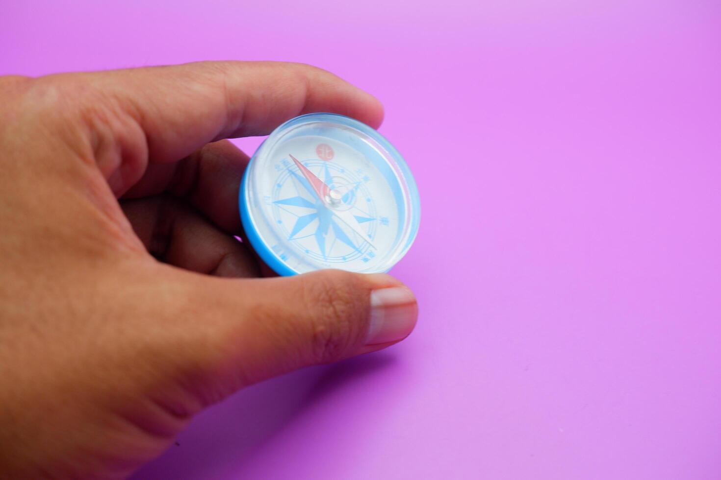 hand holding a compass isolated on a purple background photo