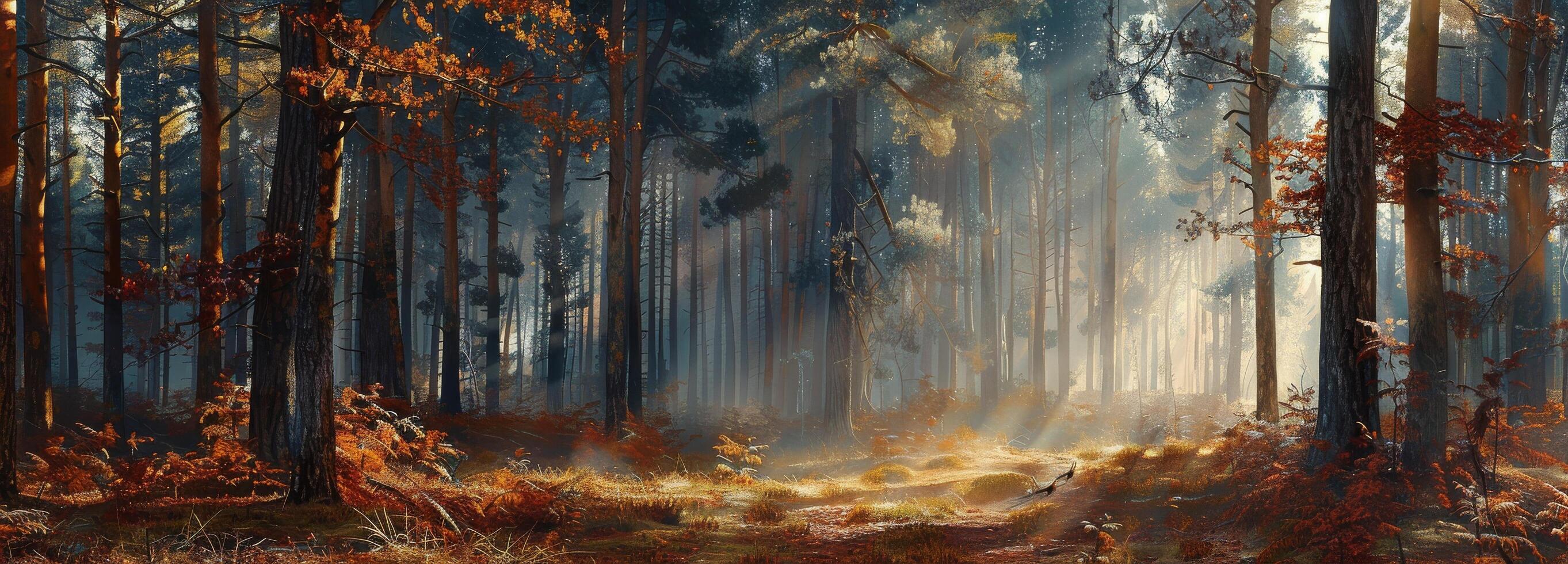 Sunlight Filtering Through Autumn Forest Trees photo