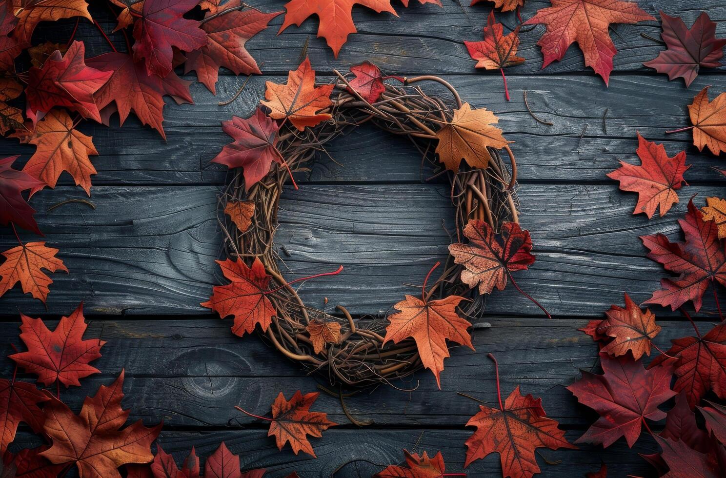 Autumn Wreath Decorated With Fall Leaves on a Dark Wooden Background photo