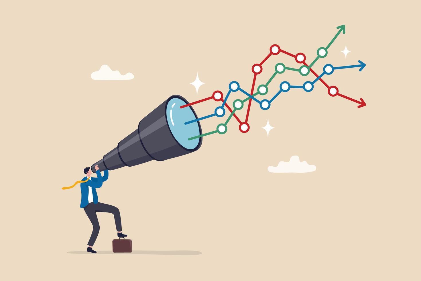 Forecast or prediction to see or analyze future opportunity, forwarding data analysis, leadership vision or discover investment plan concept, businessman look through telescope to see forecast chart. vector