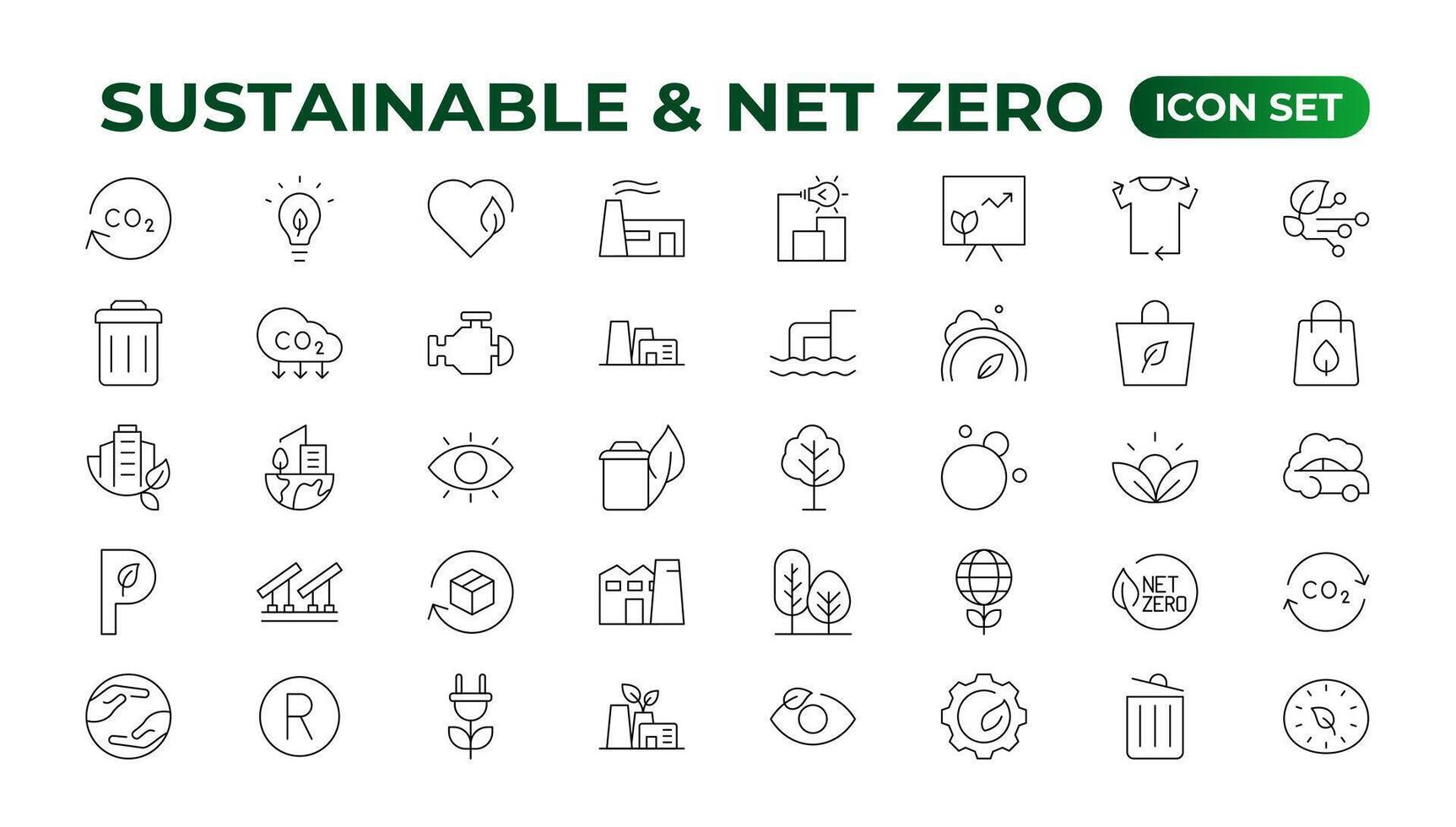 Set of sustainability and Net Zero, environmental, ecological, recyling, green, organic, industry thin line icons. Linear ecology simple symbol collection. vector