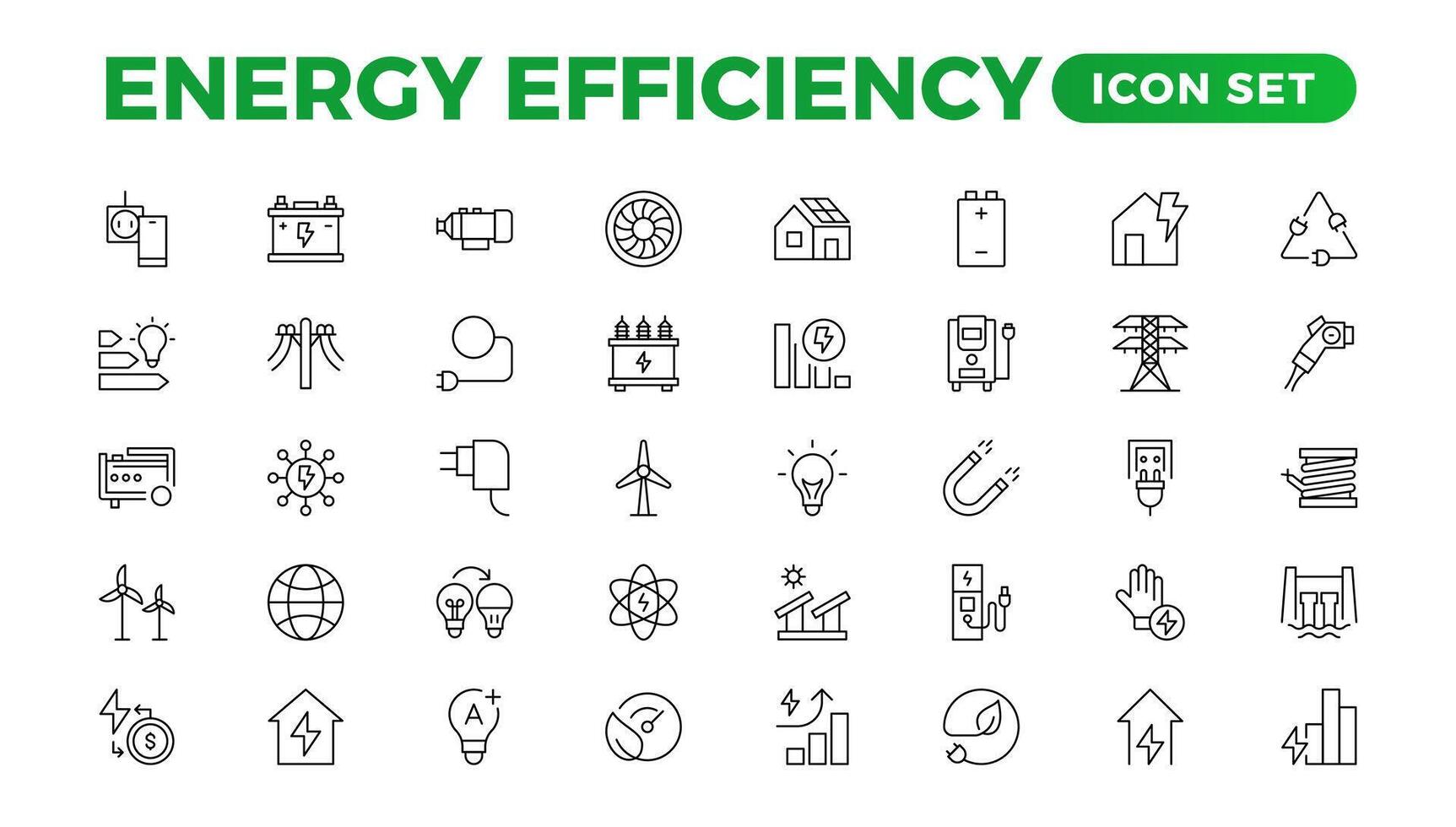 Energy efficiency icon set. Calculator, energy-saving light bulb, piggy bank, solar panel, circular economy, battery, home insulation, energy class illustration vector